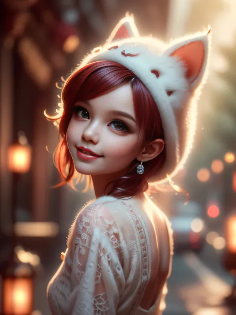 (Best Quality, Super Detailed, masterpiece, representative work, official art, professional, super high detail, 8k:1.3) Cute girl face wearing cat ear hat, Beautiful detailed eyes, Beautiful detailed lips, Demonic smile, Vivid colors, Red hair, Innocent ex...