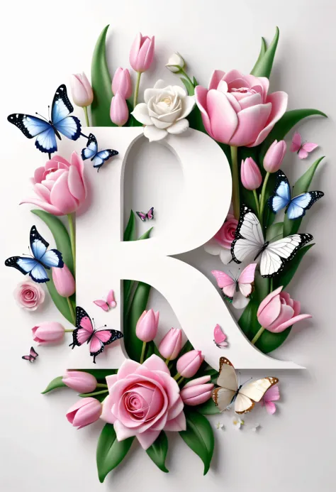  THE NAME RENATA WITH FLOWERS , white roses,  TULIPS AND BUTTERFLIES AROUND .  THE BUTTERFLIES CAN BE PINK . USE SHADES .  THE FLOWERS ARE AS REALISTIC AS POSSIBLE AND THE LETTERS OF THE THREE-DIMENSIONAL NAME. PUT ON A SLIGHTLY DARKER BACKGROUND