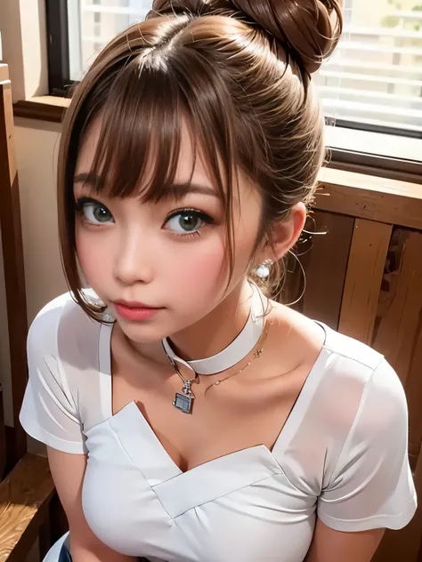 ( table top in front of you:1.4,  photorealistic:1.4, 8k),  best quality,   Masterpiece ,  super high resolution,  perfect dynamic configuration, Big Face、Round face、(( light brown hair :1.4、Hair Bun:1.4))、 I had a dog collar around my neck  :1.3, Limb det...