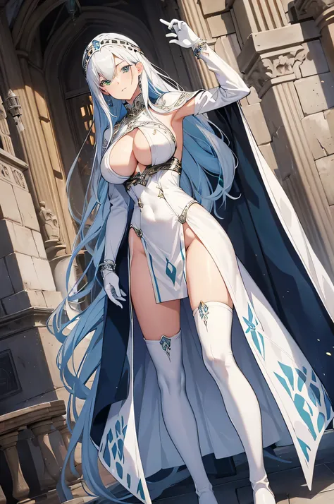 4K, high definition ,One Woman,white blue hair, long hair, green eyes, huge boobs,knight, white high leg leopard armor,white long high heel boots , White Long Gloves, headband, longsword ,Jewelry decoration,Medieval castle