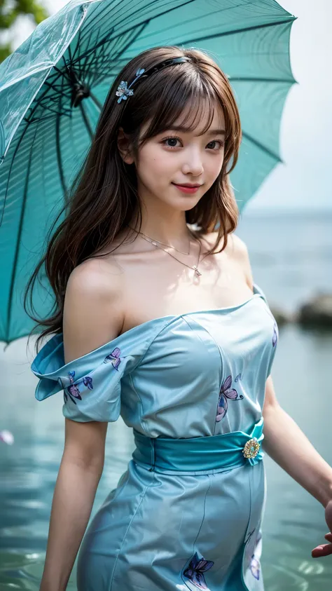  She poses gracefully with her hands on her hips {x} A young woman in a sparkling light blue short dress stands gracefully,  has a crystal-like umbrella . ( very cute ,  1 Japanese idol , 20 years old、 symmetrical eyes next to woman ,  eyelash ,  charming ...