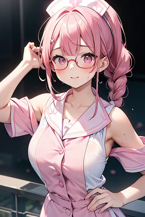 (Glasses girl), (((pink nurse uniform:1.3))), white cardigan, off shoulder,(Reddish brown wet shiny hair),( Floral Hair Ornament,Floral braided top knot, twist side part ponytail , braided headband with floral decoration , half up、Floral braided space buns...