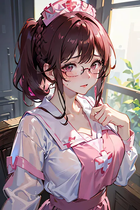 (Glasses girl), (((pink nurse uniform:1.3))), white cardigan, off shoulder,(Reddish brown wet shiny hair),( Floral Hair Ornament,Floral braided top knot, twist side part ponytail , braided headband with floral decoration , half up、Floral braided space buns...