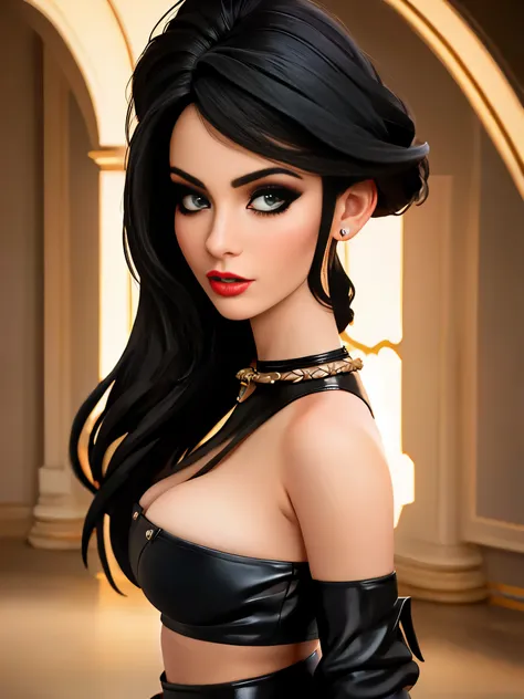 a beautiful woman wearing a tight black leather skirt, thin halter top, detailed realistic portrait, delicate facial features, piercing eyes, full lips, high-fashion makeup, sleek hairstyle, tight ass, cinematic composition, photorealistic, 8k, best qualit...