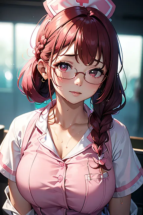 (Glasses girl), (((pink nurse uniform:1.3))), white cardigan, off shoulder,(Reddish brown wet shiny hair),( Floral Hair Ornament,Floral braided top knot, twist side part ponytail , braided headband with floral decoration , half up、Floral braided space buns...