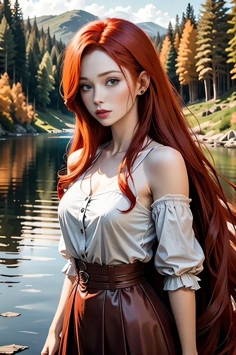 redhead haired woman with long red hair standing in front of a lake, red haired goddess, beautiful redhead woman, redhead woman, woman with red hair, flowing red hair, red hair girl, red haired girl, long flowing red hair, red haired young woman, flowing g...