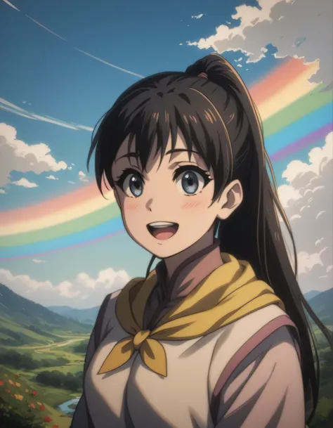 score_9, score_8_up, score_7_up, gsfghtr, multicolored robe, neckerchief, black hair, (long straight hair), (facing right), cinematic Lighting, 1girl,solo,blush,smile, open mouth,Valley with Flowing River, ((rainbow on sky)), midday afternoon