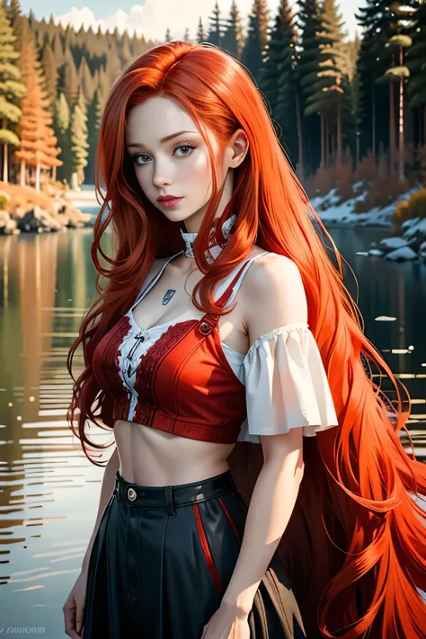 redhead haired woman with long red hair standing in front of a lake, red haired goddess, beautiful redhead woman, redhead woman, woman with red hair, flowing red hair, red hair girl, red haired girl, long flowing red hair, red haired young woman, flowing g...