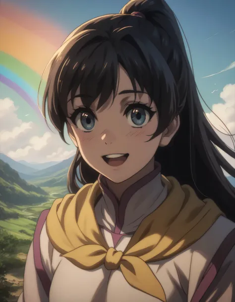 score_9, score_8_up, score_7_up, gsfghtr, multicolored robe, neckerchief, black hair, (long straight hair), (facing right), cinematic Lighting, 1girl,solo,blush,smile, open mouth,Valley with Flowing River, ((rainbow on sky))