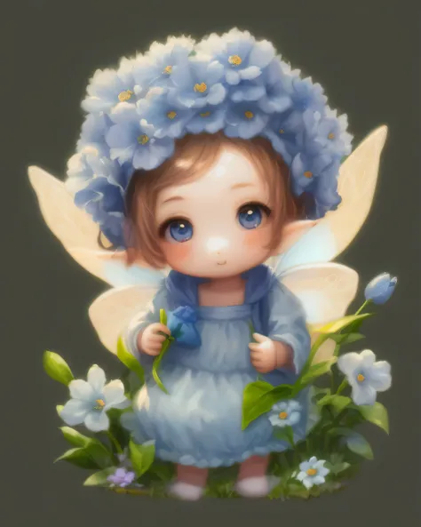 a painting of a baby fairy with blue flowers in her hair, adorable digital painting, portrait of a fairy, cute digital art, portrait of fairy, cute detailed digital art, beautiful fairie, tiny faeries, small fairies, beautiful fairy, faerie, study of a flo...