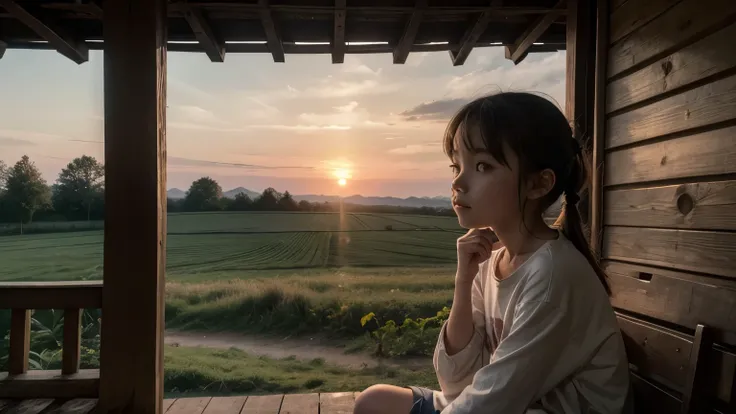 "A nine-year-old girl ,  wearing simple clothes from the time ,  sitting on the porch of a wooden house in the countryside,  looking at the horizon with a worried look , As the sun sets."
