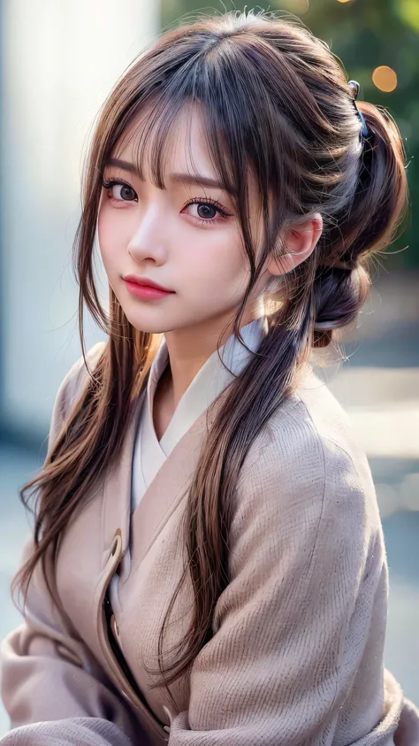 Winter Clothing,Long Coat,outdoors,Body in front,Close-up of face,Ultra-detailed, finely detail, hight resolution, 8K Wallpaper, Perfect dynamic composition, Beautiful detailed eyes,,Close-up of face,,Blushing,Facing forward,Long hair ponytail,((8K, Origin...