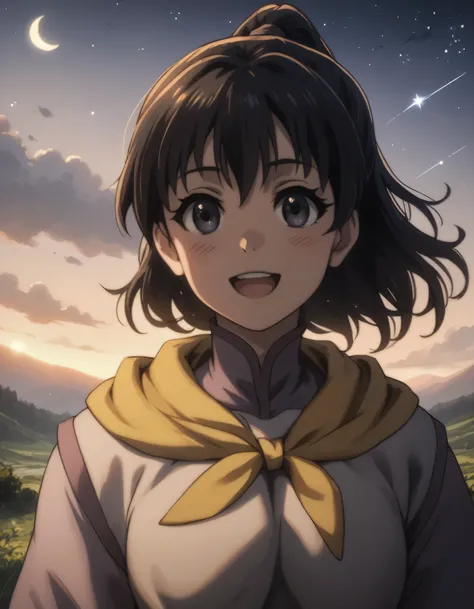 score_9, score_8_up, score_7_up, gsfghtr, multicolored robe, neckerchief, black hair, (long straight hair), (facing right), cinematic Lighting, 1girl,solo,blush,smile, open mouth,Valley with Flowing River, moon, shooting stars
