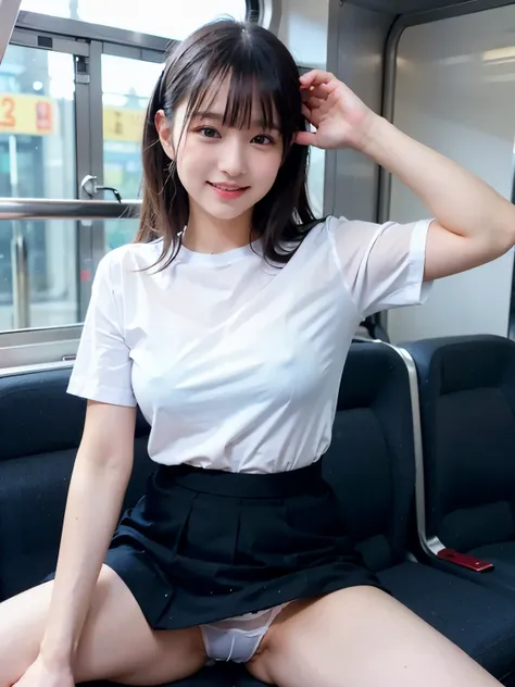   best quality ,   Masterpiece ,  super high resolution, (reality: 1.4), Original photo,  one girl,  mature, So cute!、 sex、White JK uniform,  high school girl、 checked skirt、Can you see through a black bra on a white shirt、Happy smile,  crouches on a train...