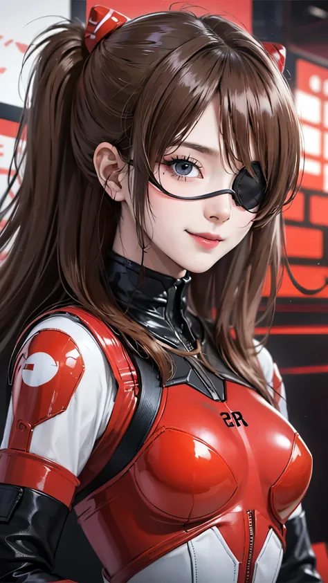  beautiful Japanese high school girl、Alone、red cyberpunk plug suit、Repair a torn plug suit with red packing tape、Black eyepatch、 Slender Woman Who Smiles Lustfully 、 moderate bust、Lonely、Depression