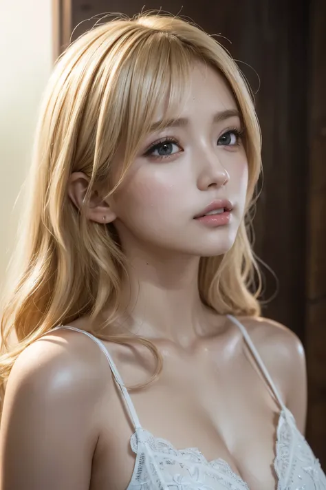   Masterpiece , 8k, Award-winning works, photo realistic ,  realistic , Very   Details,  super high resolution, Ray Trakun, ///1 person,  most beautiful, 20 years old , ( sexy,  Japanese Idols), ( blonde hair:1.2),///  Human Details Shiny Skin  ,  Detailsな...