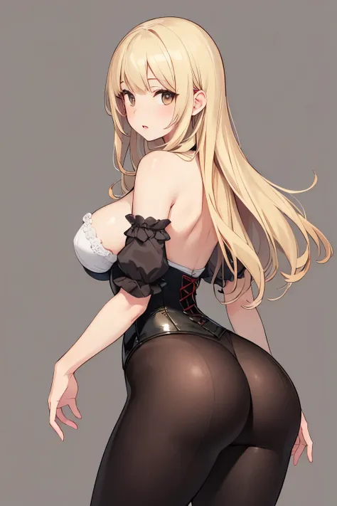 1 , Alone,  looking at the spectator,  long blond hair ,  wearing a corset,  big ass,  brown eyes , gray background, normal breasts, lips, realistic, papelkonigsreuter