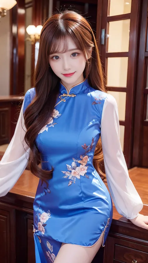 beautiful woman, Chestnut hair , Beautiful Eyes , Smile, Actual , Full HD, very beautiful dress ,Fluffy dress , curved body,Magnificent view ,Gorgeous decoration,cheongsam,中国发髻,Clothes with split ends