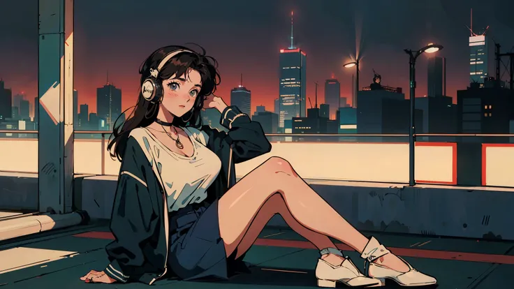 Best Quality, 8k, 1990s Style, 2010s Hairstyle , Very beautiful 21 year old girl sitting on a rooftop at night, overlooking a vibrant cityscape,  Black Hair ,Droopy eyes, Long Hair, Big Breasts, ((Wear big headphones)),  characters  I cant control my light...