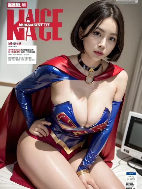 masterpiece、 latex supergirl costume 、 off shoulder、Ultra short hair、 Big and Rich Breasts 、 sweaty and shiny skin 、Look directly into the camera、 choker、Provocative cleavage、 Long Sleeve 、Cape、Glamorous bare legs、In front of medical equipment in a hospita...