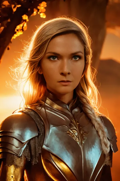 Galadriel, inspired by the series "The Rings of Power", (((L4L4 face))), in a majestic pose at the center of the scene , wearing shimmering armor and elven details, with its blond hair flowing under a golden light . The background shows an epic landsca...