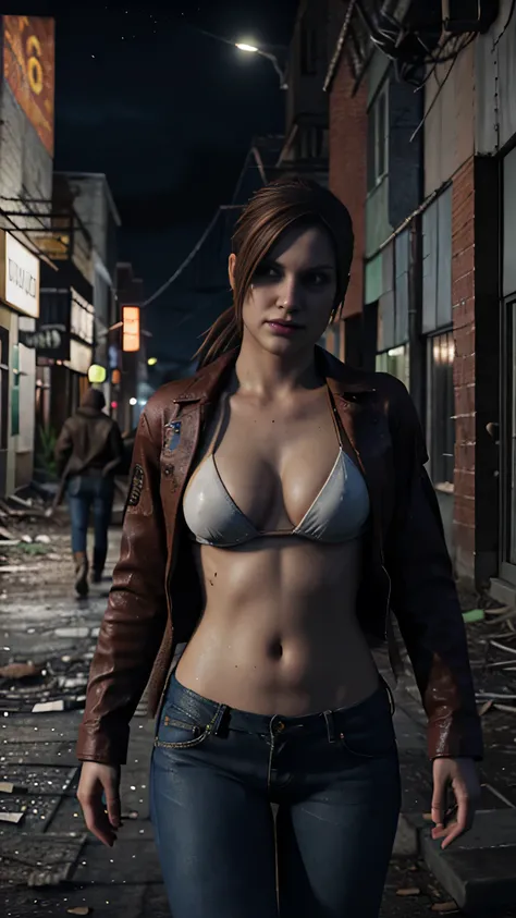 Realistic photo of a very beautiful and captivating Claire Redfield from Resident Evil 2. Beautiful face. Medium length straight brown hair. Ponytailed hair. Beautiful body. Medium breasted. Wearing an opened red leather jacket. Blue jeans pants. White bik...