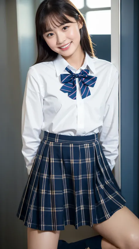 (Highest quality, 4K, 8k, High resolution, masterpiece, Genuine, Realistic, Realistic:1.3), (upper body, from below), Girl standing in a school changingroom, grin:1, phisically accurate, ((wearing white collared Uniform with blue bow tie, dark blue sweater...