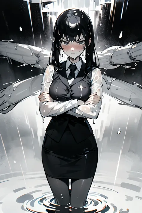  a woman with long black hair ,  wearing a business outfit consisting of a suit , pencil skirt:, and pantyhose ,  is in a monochrome environment .  The artwork is inspired by manga and incorporates a doujin style. The woman seems to be  (getting wet:1.5), ...