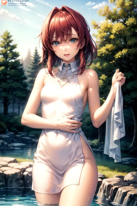(( best quality)), Early Autumn,  Small breasts, hot spring, naked, Im hiding it with a towel, 