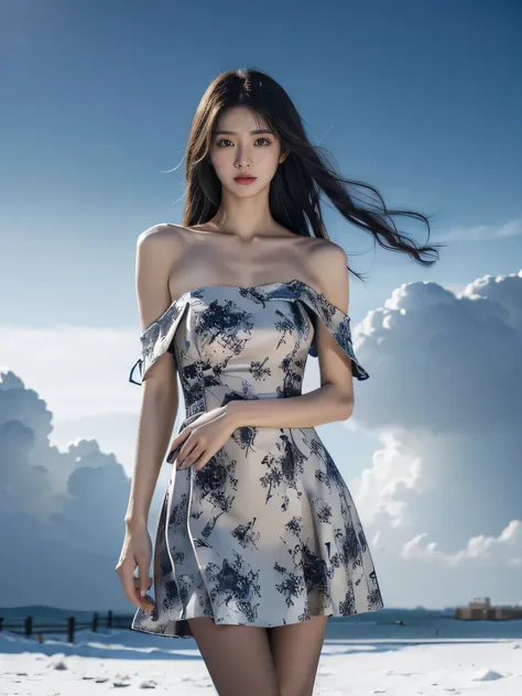 cns dress, dress, china dress, pantyhose, hight heels, ((cowboy shot)), ((Bare shoulder)), ((Short hemlines, sexy long legs)), realistic detailed photo of a giant breasted girl with exposed shoulders, detailed fingers, high quality skin, red eyes, alone in...
