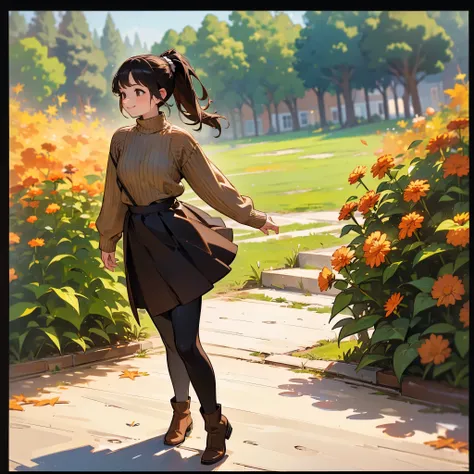 ( High Quality ,  high definition , Very detailed, reality:1.37), Peaceful atmosphere, (Outdoor, garden ,autumn),  teenage girl standing alone, Beautiful details,  cute smiles , ( Dark Haired Ponytail ), Ribbed sweater,Brown skirt, Black tights,  brown boo...