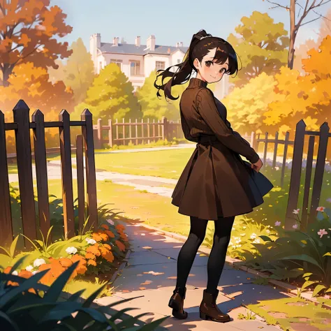 ( High Quality ,  high definition , Very detailed, reality:1.37), Peaceful atmosphere, (Outdoor, garden ,autumn),  teenage girl standing alone, Beautiful details,  cute smiles , ( Dark Haired Ponytail ), Ribbed sweater,Brown skirt, Black tights,  brown boo...