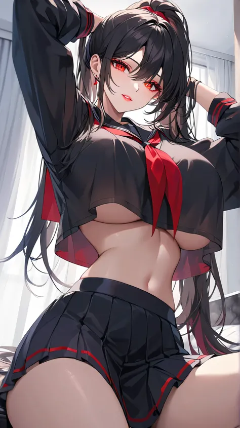 Highest quality　masterpiece　High resolution　masterpiece, black messy hair, high pony  tail, thick and beautiful hair, middle parted hair 　red glowing Eyes, seductive lips, teasing smile, black long sleeves sailor uniform , crop top overhang, big breast, ma...