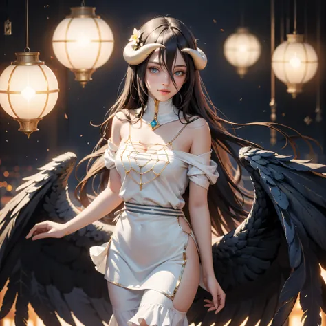 Albedo_(Overlord), black hair, horns, 1girl, dress, jewelry, flowing hair, long hair, solo, firefly, long flowing hair, floating hair, ornament hair, Looking at the viewer, magical girl, Beautiful Eyes, maid, maid dress, maid headdress, white headdress, ma...