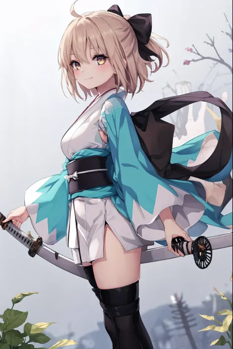 masterpiece, best quality, integrated scenery, integrated background, extremely delicate and beautiful, meticulous details, good composition, , cute face, perfect face, perfect hands, 1girl,okita souji (FGO), white_nosleeves_short_kimono,
smile,dynamic_po...