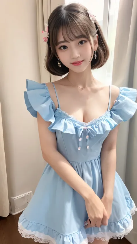 ( best quality、  Masterpiece 、8k、 best quality、 The eyes are delicate   、 Award-winning works )、 1 girl、(Alone:1.1)、(1 photo:1.1)、( cute light blue ruffle transparent tadress for girls:1.2)、( Cute Girly Big Ribbons :1.1)、( Cute and Lovely Hair Accessories ...