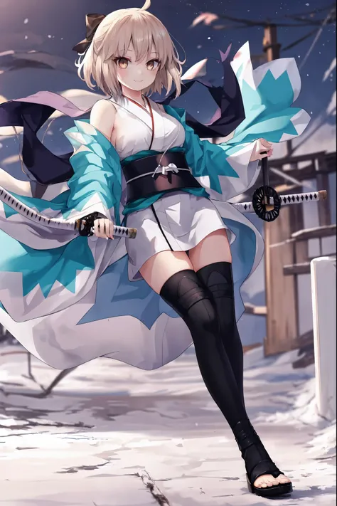 masterpiece, best quality, integrated scenery, integrated background, extremely delicate and beautiful, meticulous details, good composition, , cute face, perfect face, perfect hands, 1girl,okita souji (FGO), white_nosleeves_short_kimono,
smile,dynamic_pr...