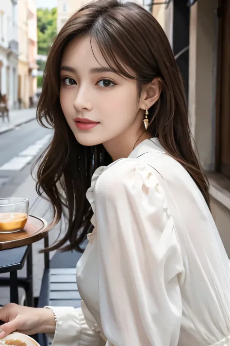 masterpiece、 best quality、Genuine、 very detailed、Subtle details、 high definition 、8k wallpaper、 beautiful woman、Wear a nice blouse、 on a nice cafe terrace、noon、 light brown tousled hair 、 Perfect Dynamic Composition、 beautiful beautiful eyes、nice big earri...