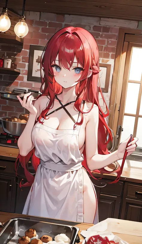 liselottecretia,      wavy hair ,  eyes, (         red hair    :1), sex,     beautiful ,  in a black apron on a naked body,  prepares Christmas cookies, near the oven 