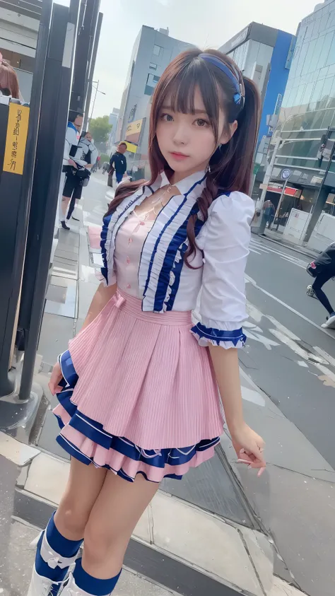 wearing a Costume like an idol, blue and white half sleeve Jacket, pink satin ruffled blouse, White and pink stripe pleated skirt, white lace up boots