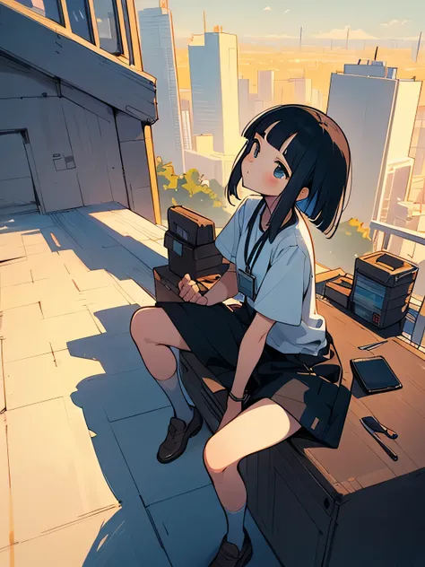 Alone,sitting on knee,Gazing Skyward:1.2,(looking away:1.3), look up 、 drinking Starbucks coffee、black pixie cut,,(blunt bangs), office worker clothes 、Fuyu Sky 、 pale yellow sky 、 Skyscraper Rooftop 、lunch break、 blank time 、Rest your mind、(manga style),(...