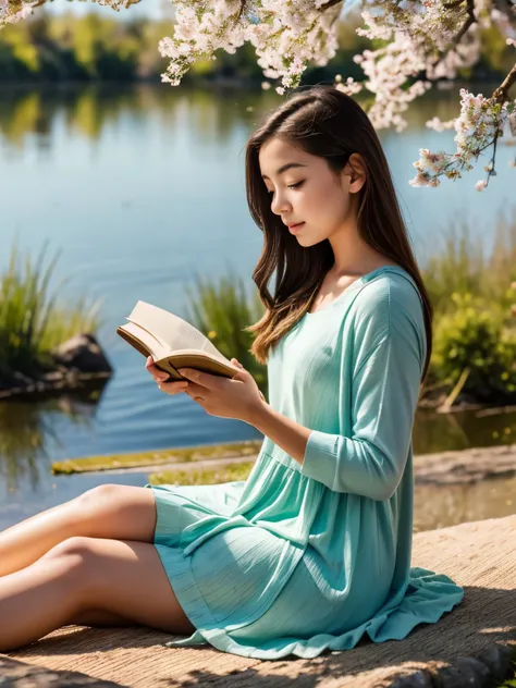 A girl reading a book by a tranquil lake, willow branches swaying gently in the breeze, warm sunlight casting a golden glow, vibrant spring colors, feeling of comfort and serenity