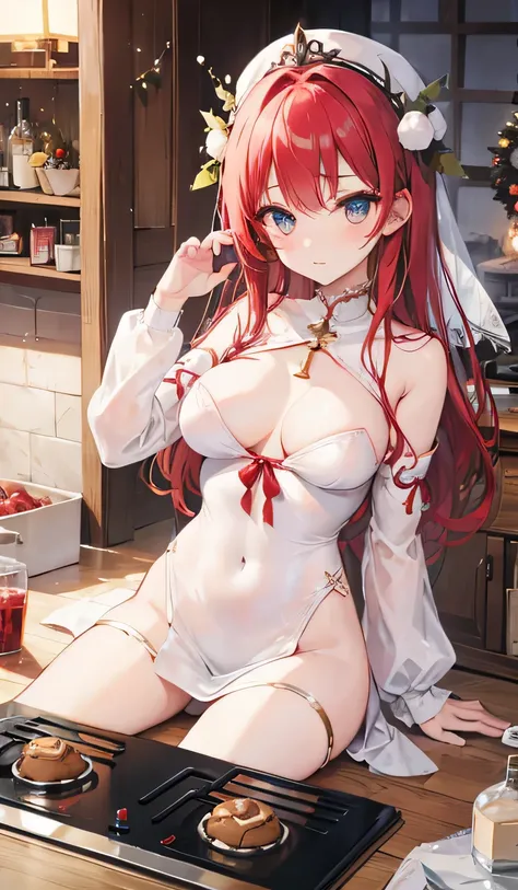 liselottecretia,      wavy hair ,  eyes, (         red hair    :1), sex,     beautiful ,  on naked body,  Snow Maiden costume , dialema on the head ,  prepares Christmas cookies, near the oven 