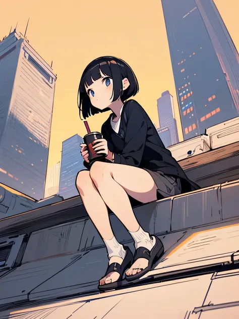 ((from below)),Alone,sitting on knee,Gazing Skyward:1.2,(looking away:1.3), look up 、 drinking Starbucks coffee、black pixie cut,,(blunt bangs), office worker clothes 、Fuyu Sky 、 pale yellow sky 、 Skyscraper Rooftop 、lunch break、 blank time 、Rest your mind、...