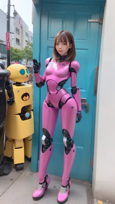 (Photorealsitic:1.4)、one robot woman、(top-quality)、(hyperdetailed face like an idol)、(Super well-formed face like an idol)、(Robot Parts)、(Female-Robot)、(25 years-old)、(Blue)、(pink there)、(Burgundy)、(metallic)、(full-body)、(Slender body)、(Model body type)、(f...