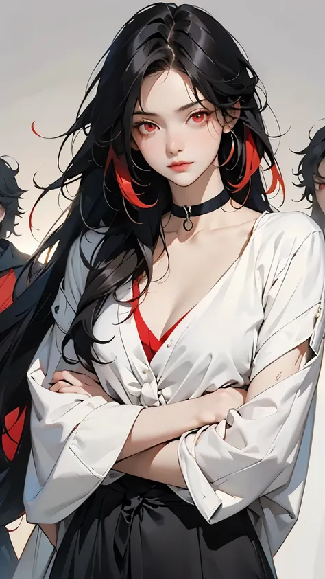  best quality,  complex details,  Color Difference,  1 girl ,  long hair,  black hair,  messy hair , Red highlights, Hair over one eye , red eyes, Sharp Eye,  choker,, ,  their four ,   arm behind back , Tie your arms,  