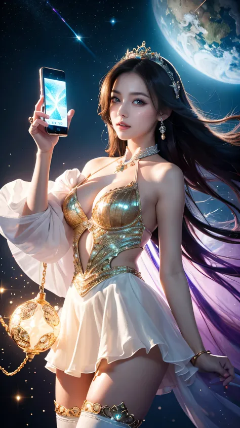 ③ A stunning depiction of "Marys Phone" reimagined as the ultimate magical girl, radiating a sense of playful charm and otherworldly power. She is portrayed **playing energetically**, her dynamic pose exuding confidence and joy as she wields a glowing smar...