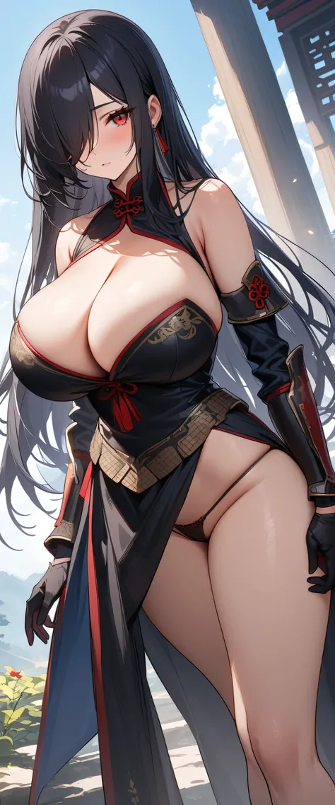 (masterpiece, Highest quality:1.2), (1girl), alone, ((long hair)), (((black hair))), (straight hair), ((hair over face)), (hair over one eye), (hair over right eye), (chinese general black armor), (()), ((red eyes)), (((big breast))), high detail, bloom, t...