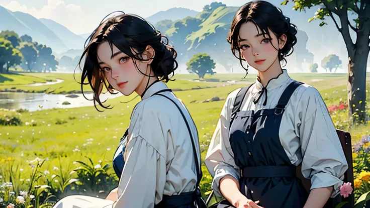 (   best quality 、  is high definition 、    Masterpiece  )、(Anime art 4k)、( realistic )、((  two women、20 years old、whole body、  Admire the Beautiful Scenery  、 sit and rest on the prairie  、  eat snacks、  basket full of flowers ))、( detailed depiction of a...