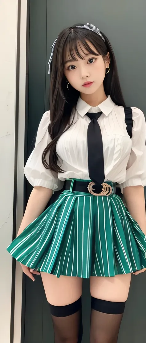 Pure idol girl、、Thick legs、、、Wonder Belt、Black Striped Tight Skirt、 ruffle shirt with tie（Fluorescent Green）　、Good style、A pure girl&#39;s face